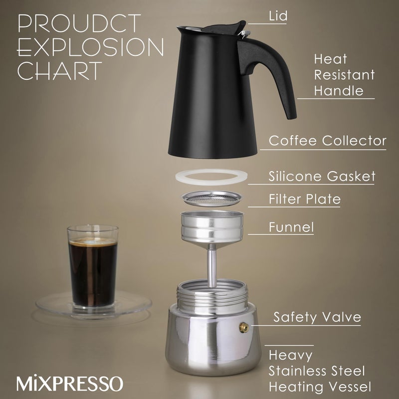 Mixpresso Black 9 Cup Greca Stovetop Espresso Pot 450ml/15oz, Moka Pot with Coffee Percolator Design, Stainless Steel Stove Top Coffee Maker for Camping or Home Use,Italian Stovetop Espresso Maker - Image 2