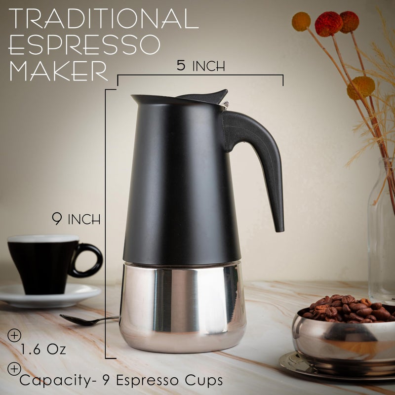 Mixpresso Black 9 Cup Greca Stovetop Espresso Pot 450ml/15oz, Moka Pot with Coffee Percolator Design, Stainless Steel Stove Top Coffee Maker for Camping or Home Use,Italian Stovetop Espresso Maker - Image 5