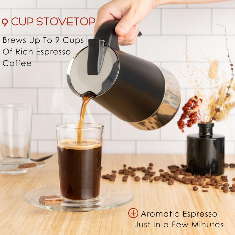 Mixpresso Black 9 Cup Greca Stovetop Espresso Pot 450ml/15oz, Moka Pot with Coffee Percolator Design, Stainless Steel Stove Top Coffee Maker for Camping or Home Use,Italian Stovetop Espresso Maker - Image 3