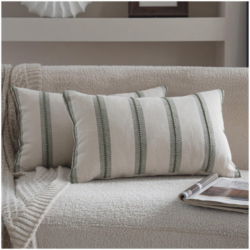 Cethom Boho Throw Pillow Covers 12x20 Set of 2, Olive Green Striped Decorative Pillow Cases for Couch Chair Bed, Textured Farmhouse Modern Accent Cushion Covers for Living Room Bedroom Sofa Home Decor - Image 1