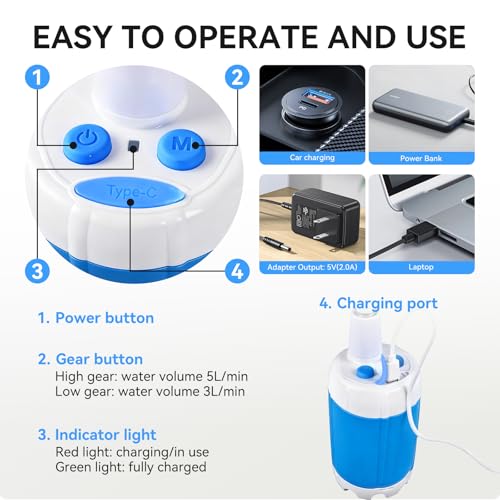 Mndstek Portable Shower, Portable Camping Shower Pump, USB Rechargeable Outdoor Showers, Waterproof Electric Portable Shower with 2 Spray Modes, 4000mah, For Camping, Hiking, Rv & Pet Cleaning (1 PACK) - Image 4