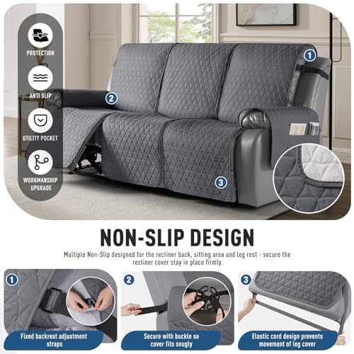 TAOCOCO 100% Waterproof Recliner Sofa Cover-Non Slip Split Couch Covers for 3 Seater Reclining Couche with Elastic Leg Straps Washable Pet Friendly (Dark Gray, 3 Seater) - Image 3