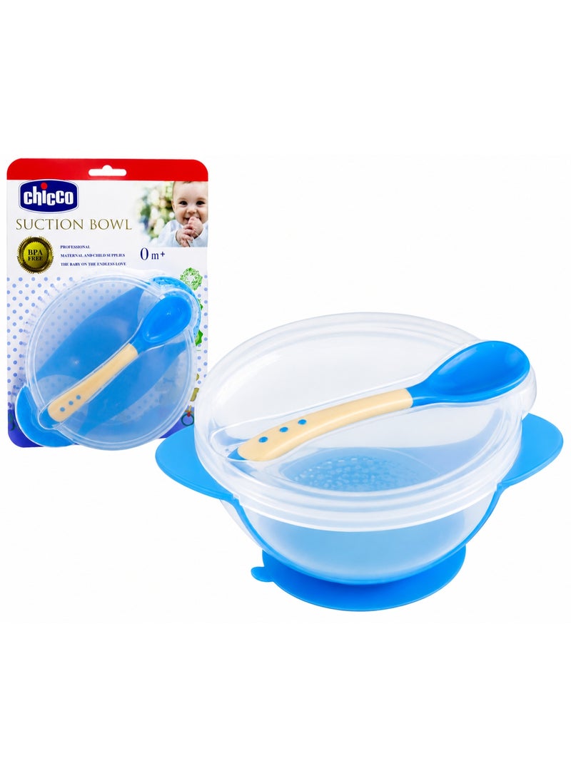 شيكو طقم وعاء شفط للأطفال CHICCO مع غطاء وملعقة، وعاء تغذية للأطفال الرضع، لون أزرق، 0+ شهر - Image 2