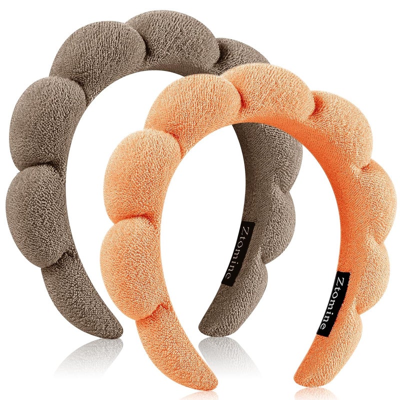 Ztomine Store Terry Cloth Spa Headbands for Washing Face, Set of 2, Dark Khaki + Orange, Absorbent, Soft, Comfortable, Makeup Headbands for Face Washing, Mask - Image 1
