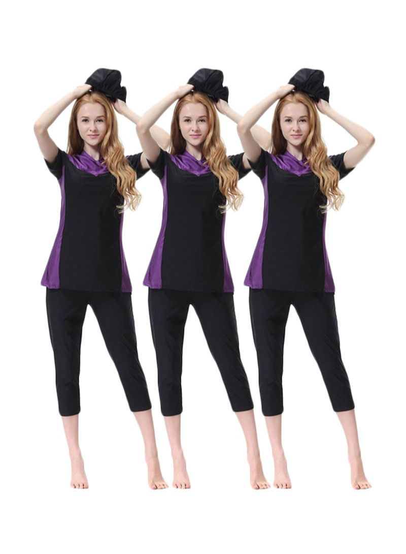 NIBEMINENT 3-Piece Short Sleeves Burkini Black/Purple - Image 1