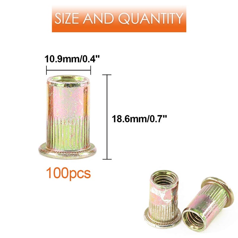 Rustark 100-Pcs 5/16''-18UNC Mixed Zinc Plated Carbon Steel Rivet Nut Flat Head Insert Nutsert Assortment Kit - Image 2