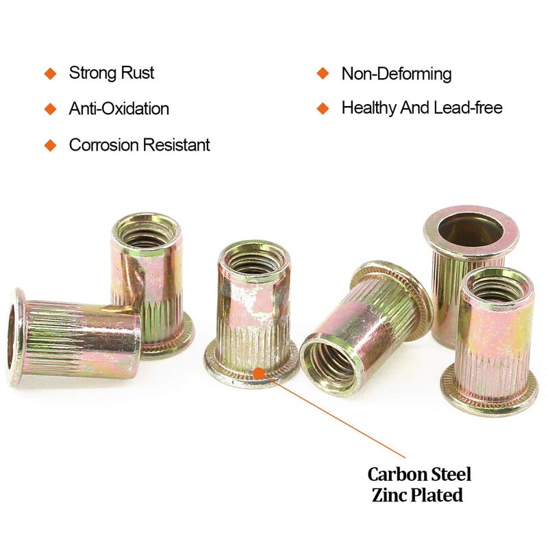 Rustark 100-Pcs 5/16''-18UNC Mixed Zinc Plated Carbon Steel Rivet Nut Flat Head Insert Nutsert Assortment Kit - Image 3