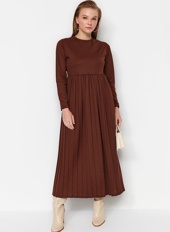 trendyol Brown Skirt Pleated Scuba Knitted Dress TCTAW24EL00000 - Image 1