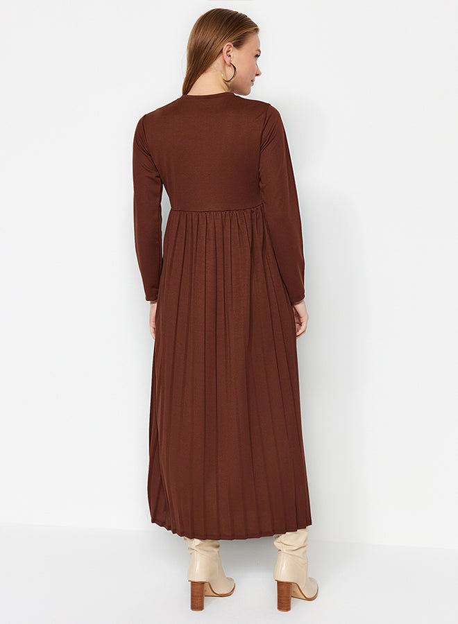 Brown Skirt Pleated Scuba Knitted Dress TCTAW24EL00000