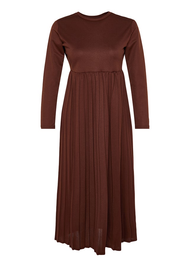 Brown Skirt Pleated Scuba Knitted Dress TCTAW24EL00000