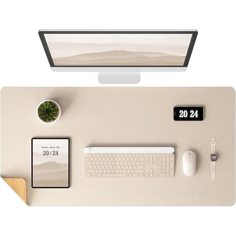 Dual-Sided Desk Pad - Leather Desk Mat, Natural Cork Desk Pad Protector, Large Mouse Pad for Desk, Waterproof Desk Blotter Pad, Desk Writing Pad for Office Work/Home, Beige (25.6x13.7) - Image 1