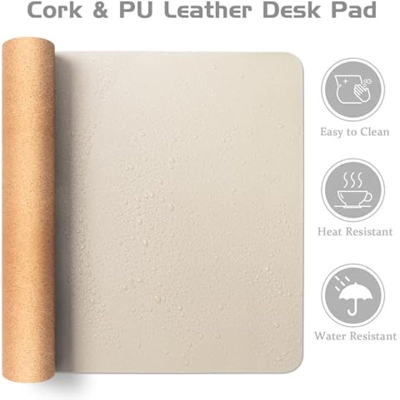 Dual-Sided Desk Pad - Leather Desk Mat, Natural Cork Desk Pad Protector, Large Mouse Pad for Desk, Waterproof Desk Blotter Pad, Desk Writing Pad for Office Work/Home, Beige (25.6x13.7) - Image 2