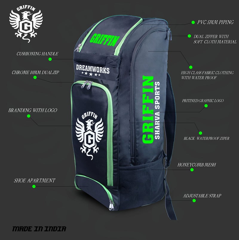 Griffin Polyester Dreamworks Special Addition Printed Wheel Cricket Kit Bag For Cricketers Player Edition Bag Backpack With Dual Bat Pockets Cricket Bag Kit With Shoe Apartment, Black - Image 4