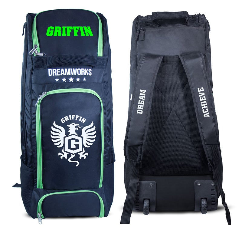 Griffin Polyester Dreamworks Special Addition Printed Wheel Cricket Kit Bag For Cricketers Player Edition Bag Backpack With Dual Bat Pockets Cricket Bag Kit With Shoe Apartment, Black - Image 1