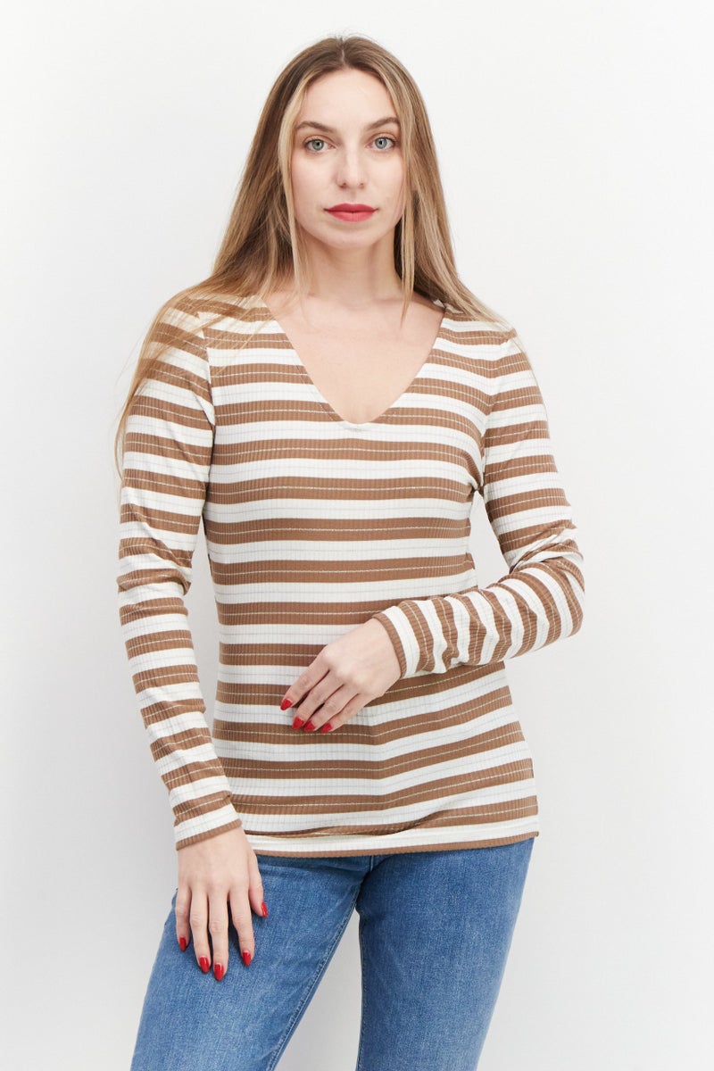 ONLY بلوزة نسائية بأكمام طويلة على شكل حرف V، تصميم مخطط، مزيج بني - Image 1