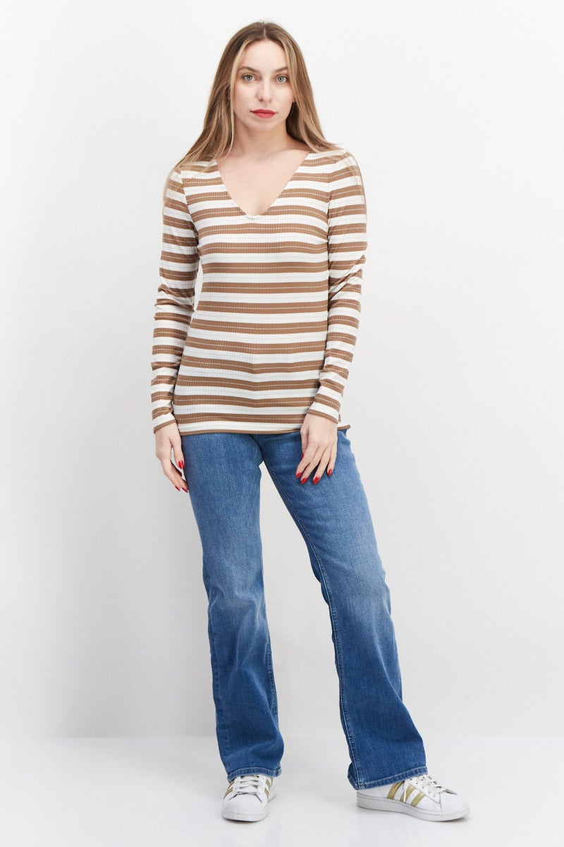 ONLY بلوزة نسائية بأكمام طويلة على شكل حرف V، تصميم مخطط، مزيج بني - Image 3