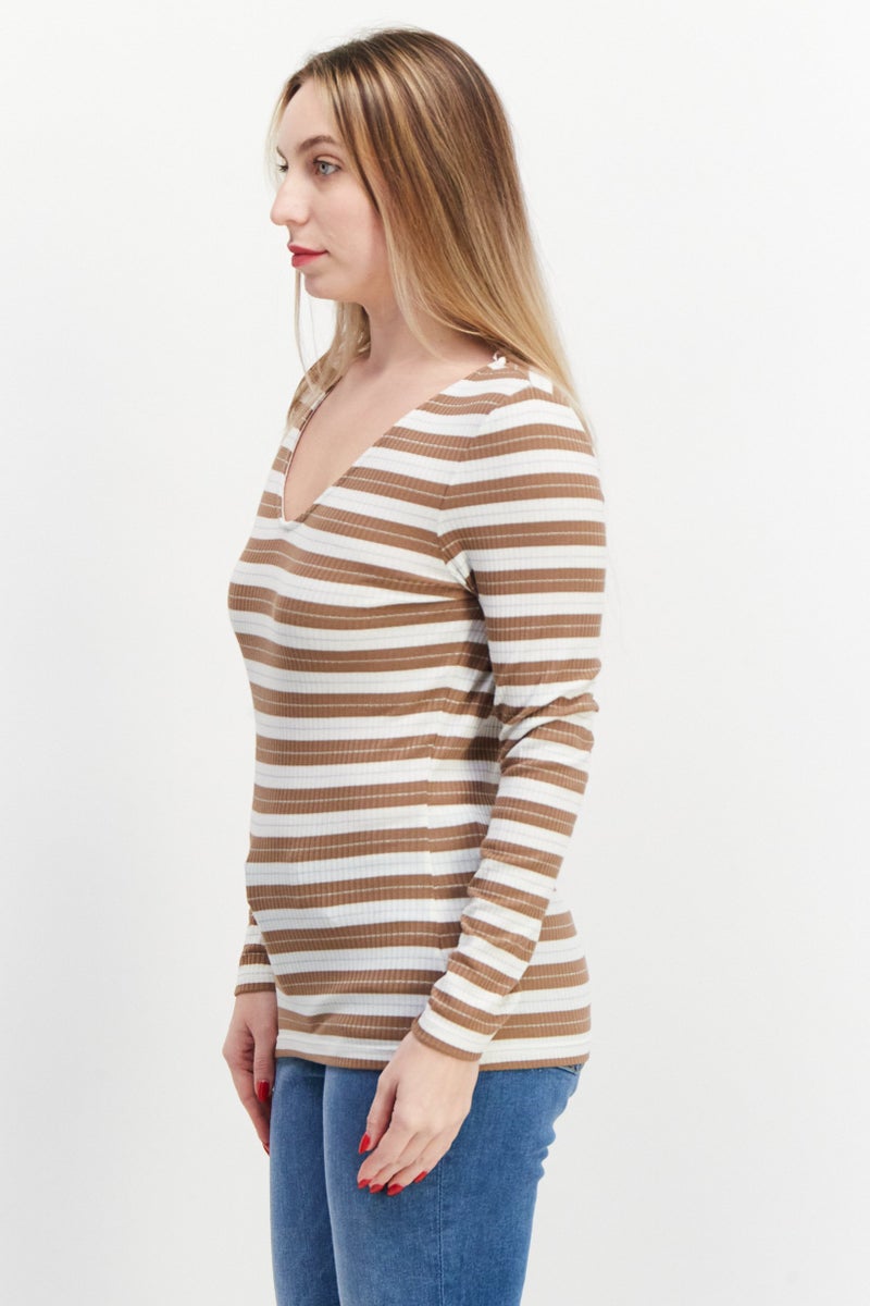 ONLY بلوزة نسائية بأكمام طويلة على شكل حرف V، تصميم مخطط، مزيج بني - Image 4