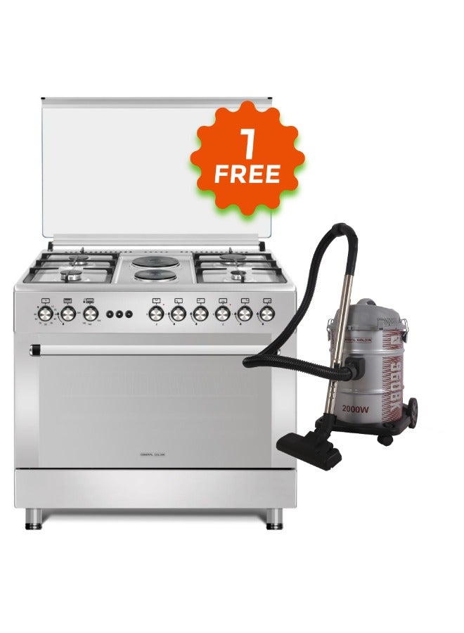 General Goldin 90x60cm 4 Gaz & 2 Electric Burners Ranger, Iron Cast Stand, Auto Burner, 2 Turbo Fans ,Total Safety, Easy to Clean Surface, Oven Grill & fan With General Goldin 21 Lt 1800 W Vacuum Drum Cleaner. Silver - Image 1