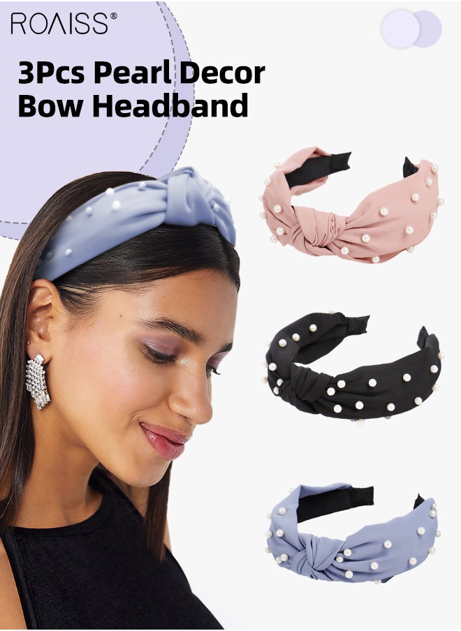 roaiss 3Pcs Bow Knot Beading Pearl Headbands for Women Girls Fashion Boho Wide Soft Fabric Hair Hoops Sport Yoga Head Wrap No Slip Hair Hoops Multicolour Hair Accessories Set  - Image 1