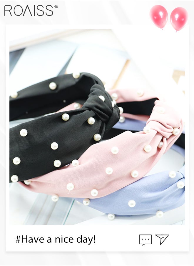 roaiss 3Pcs Bow Knot Beading Pearl Headbands for Women Girls Fashion Boho Wide Soft Fabric Hair Hoops Sport Yoga Head Wrap No Slip Hair Hoops Multicolour Hair Accessories Set  - Image 3