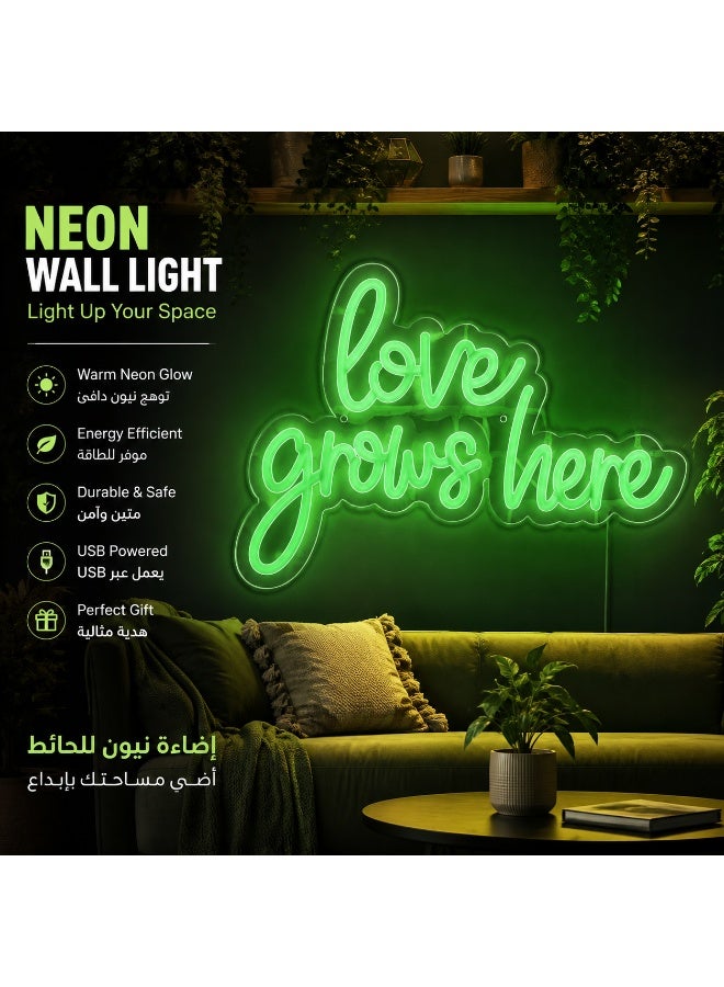 لوحة نيون خضراء "Love Grows Here" تعمل بـ USB مع مفتاح السطوع - ديكور منزلي سهل التركيب بدون حفر وهدية رومانسية. - Image 5