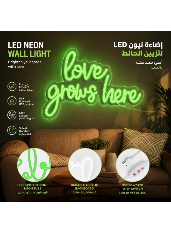 لوحة نيون خضراء "Love Grows Here" تعمل بـ USB مع مفتاح السطوع - ديكور منزلي سهل التركيب بدون حفر وهدية رومانسية. - Image 3