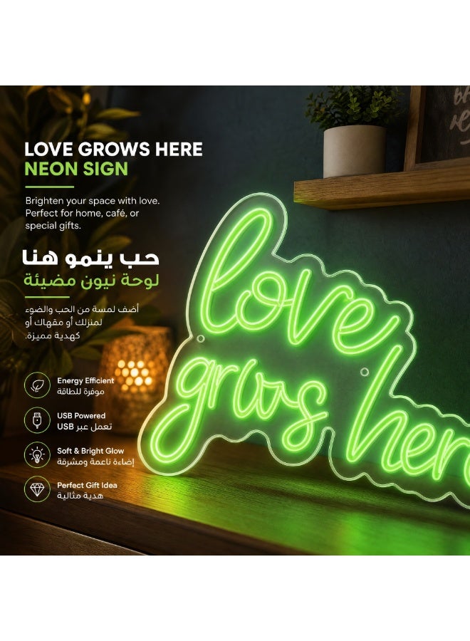 لوحة نيون خضراء "Love Grows Here" تعمل بـ USB مع مفتاح السطوع - ديكور منزلي سهل التركيب بدون حفر وهدية رومانسية. - Image 4