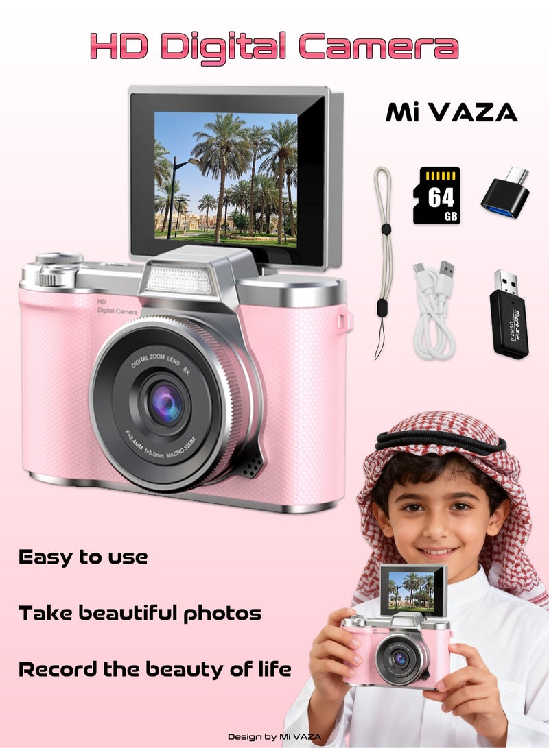 Mi VAZA Kid Digital Camera - CCD Camera - 1080P HD Point-and-Shoot Camera - Vlogging Camera - 2.4 Inch HD Flip Screen - 8X Digital Zoom - Image Stabilization - Built in LED Fill Light - Equipped with 64GB SD Card - kids Holiday Gifts - Image 1