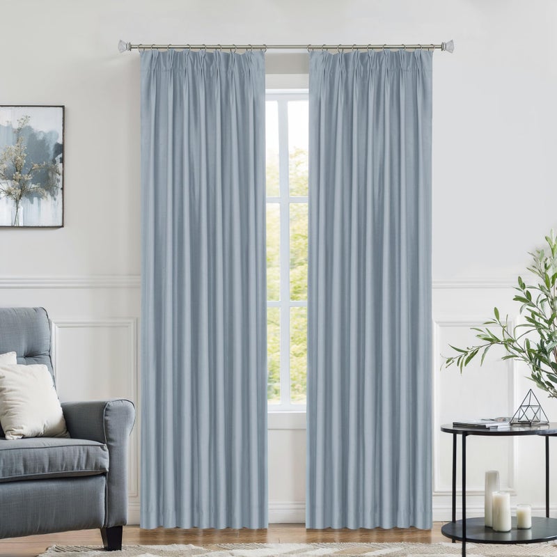 Central Park Light Blue Pinch Pleat Blackout Curtain for Bedroom Noise Reducing Luxury Silk Panels with Full Blackout Liner Backtab Drapes with 9 Hooks (Ring not Include), 40"x95", 2 Panels - Image 1