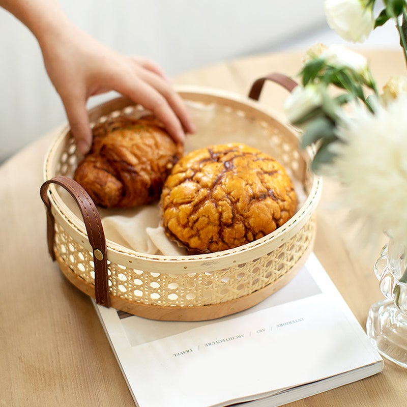 Handmade Round Woven Basket Bread Serving Basket with Handles - Image 4