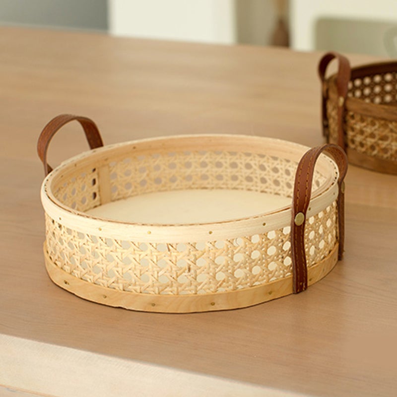 Handmade Round Woven Basket Bread Serving Basket with Handles - Image 1