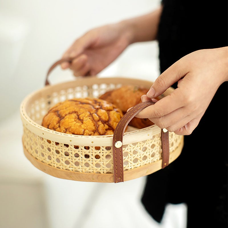 Handmade Round Woven Basket Bread Serving Basket with Handles - Image 3