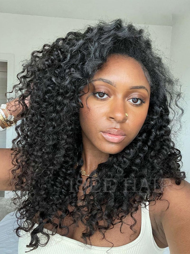 ISEE Half Wig Human Hair Water Wave Human Hair Glueless Wigs Seamless Clip Ins Flip Over Wear Go Wig Invisible Hairline Beginner Friendly (Black, 16 Inch) - Image 3