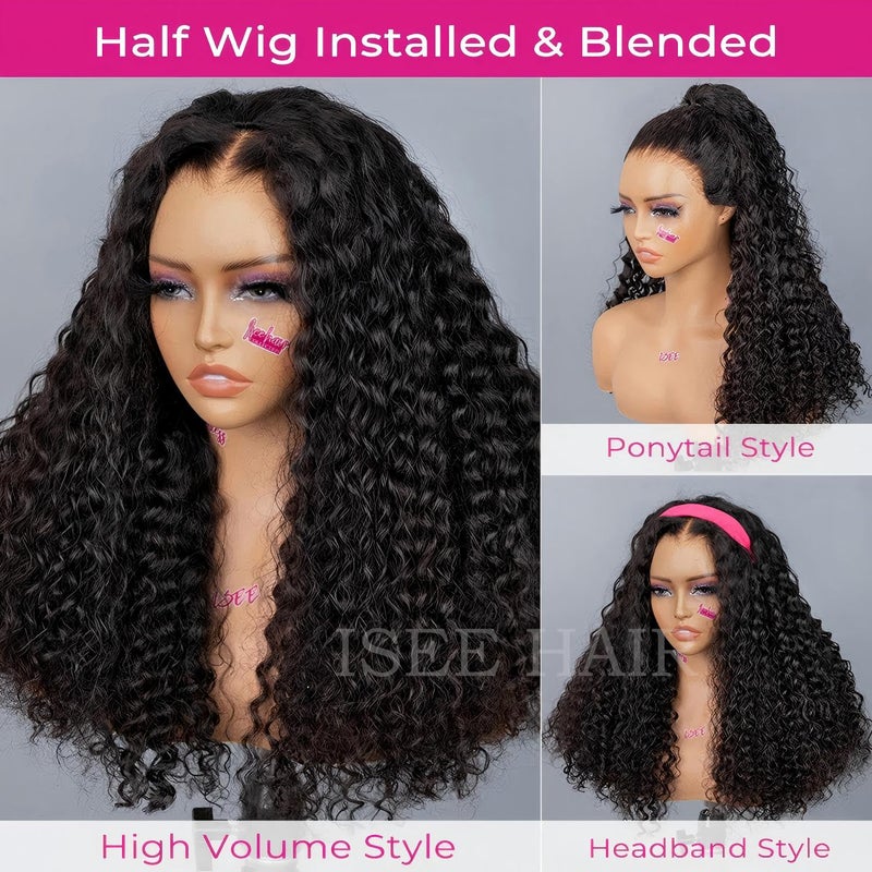 ISEE Half Wig Human Hair Water Wave Human Hair Glueless Wigs Seamless Clip Ins Flip Over Wear Go Wig Invisible Hairline Beginner Friendly (Black, 16 Inch) - Image 4