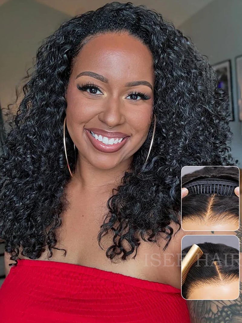 ISEE Half Wig Human Hair Water Wave Human Hair Glueless Wigs Seamless Clip Ins Flip Over Wear Go Wig Invisible Hairline Beginner Friendly (Black, 16 Inch) - Image 2