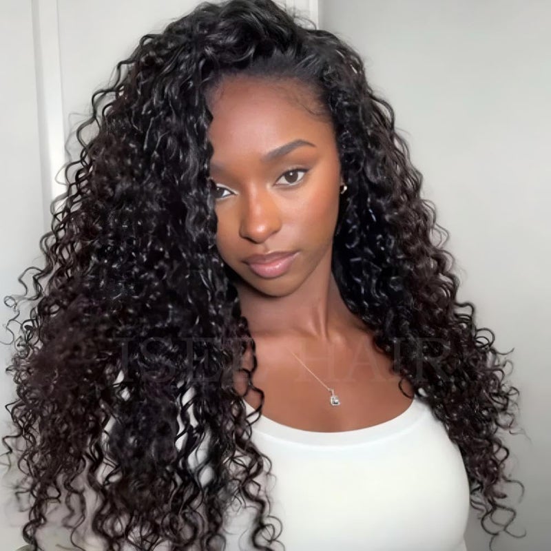 ISEE Half Wig Human Hair Water Wave Human Hair Glueless Wigs Seamless Clip Ins Flip Over Wear Go Wig Invisible Hairline Beginner Friendly (Black, 16 Inch) - Image 1