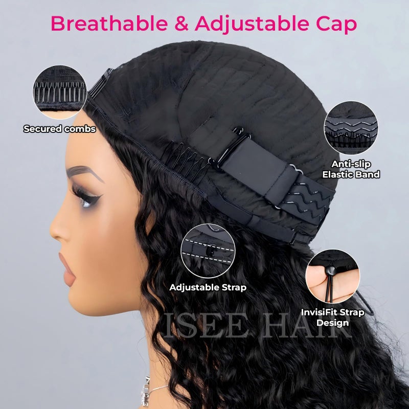 ISEE Half Wig Human Hair Water Wave Human Hair Glueless Wigs Seamless Clip Ins Flip Over Wear Go Wig Invisible Hairline Beginner Friendly (Black, 16 Inch) - Image 5