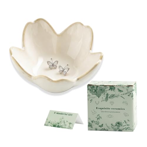 Mecaikru Flower Jewelry Tray Ceramic Ring Dish Jewelry Dish Small Trinket Tray Cute Ring Holder Key Bowl Decorative Plate Gifts For Mom/Sister/Friend, Birthday/Mother's Day/Christmas Gift (white) - Image 1