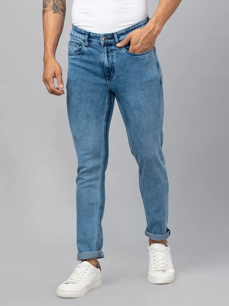 globus  Globus Men Light Blue Stretchable Mid-Rise Tapered Fit Jeans  | Best Price UAE