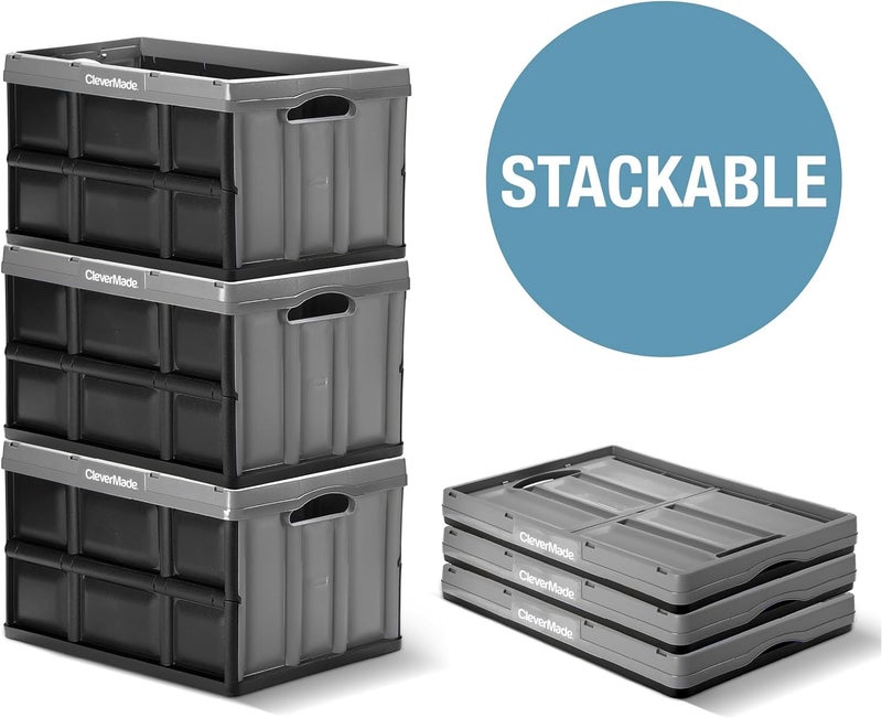 CleverMade Collapsible Storage Bins - Obsidian 3 Pack 46L - Stackable Containers Heavy Duty Capacity Folding Crates - Space-Saving for Home - Image 5