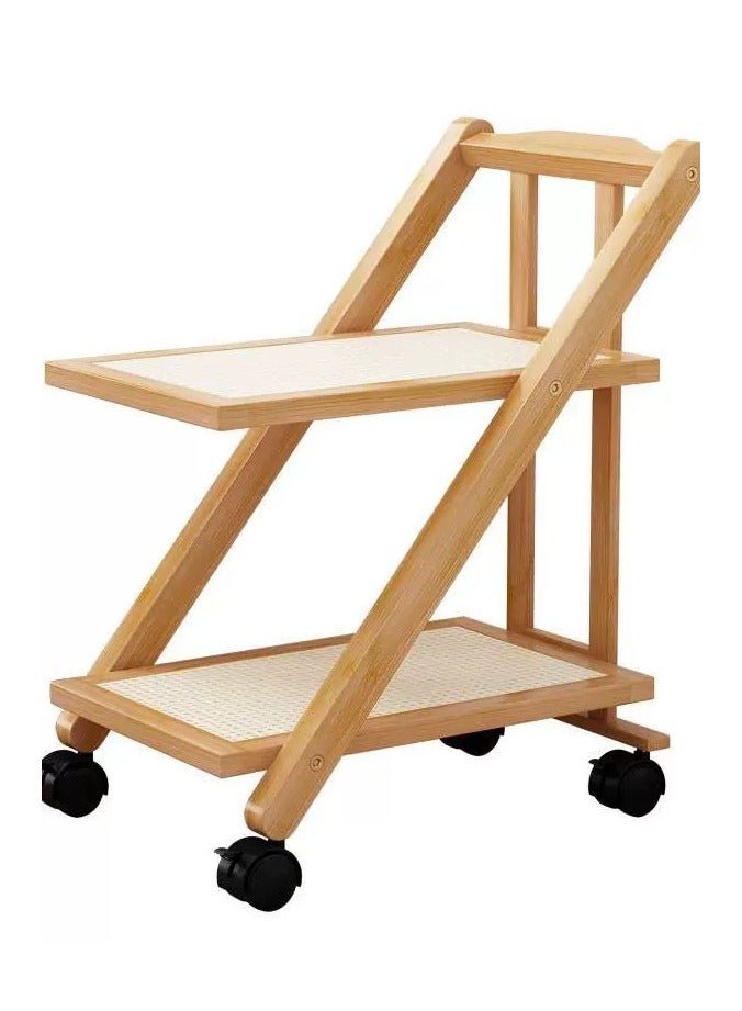 LINGWEI Bamboo Serving Trolly with Lockable Wheels Foldable Serving Cart Beige  - Image 2