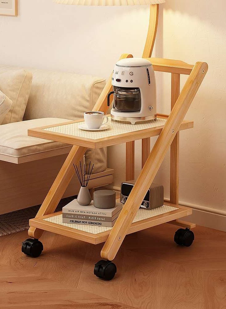 LINGWEI Bamboo Serving Trolly with Lockable Wheels Foldable Serving Cart Beige  - Image 3