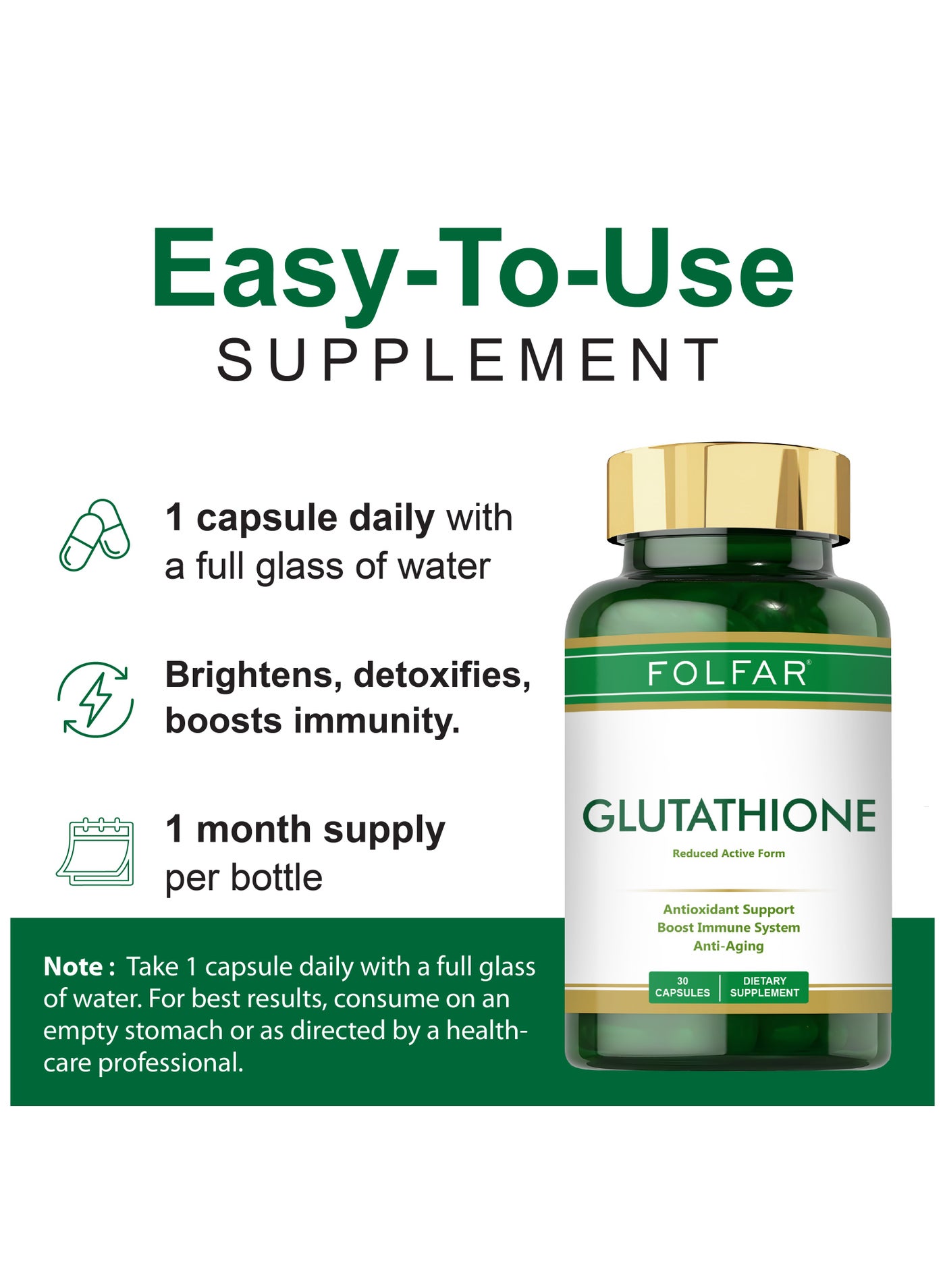 Folfar Glutathione 500 mg - Reduced Active Form - 30 Capsules | Best Price Bahrain