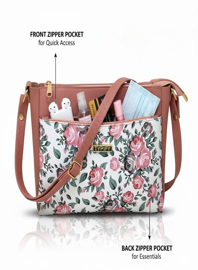 TYPIFY® Women’s Pink Floral Sling Bag - Stylish PU Leather Crossbody Purse with Adjustable Strap | Water-Resistant, Lightweight & Spacious with Zipper Pockets for Daily, Office & Travel - Image 3