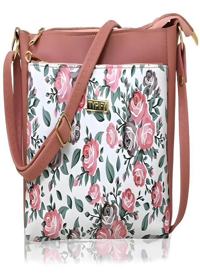 TYPIFY® Women’s Pink Floral Sling Bag - Stylish PU Leather Crossbody Purse with Adjustable Strap | Water-Resistant, Lightweight & Spacious with Zipper Pockets for Daily, Office & Travel - Image 1