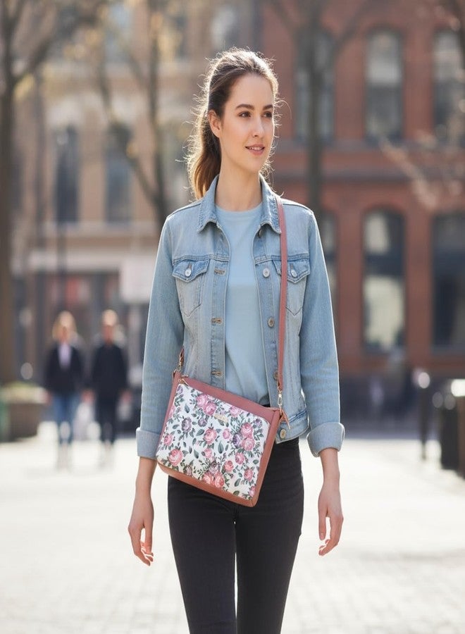 TYPIFY® Women’s Pink Floral Sling Bag - Stylish PU Leather Crossbody Purse with Adjustable Strap | Water-Resistant, Lightweight & Spacious with Zipper Pockets for Daily, Office & Travel - Image 4