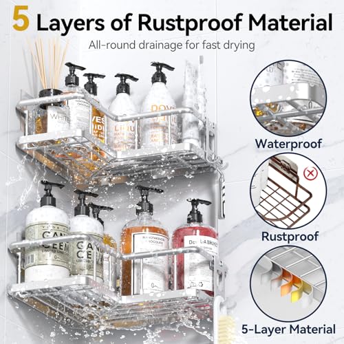 YASONIC Corner Shower Caddy Organizer SelfAdhesive Rustproof Bath Shelves with Soap Holder 4 Hooks Large Capacity Shower Storage Rack for Bathroom Organization 3Pack Silver - Image 3