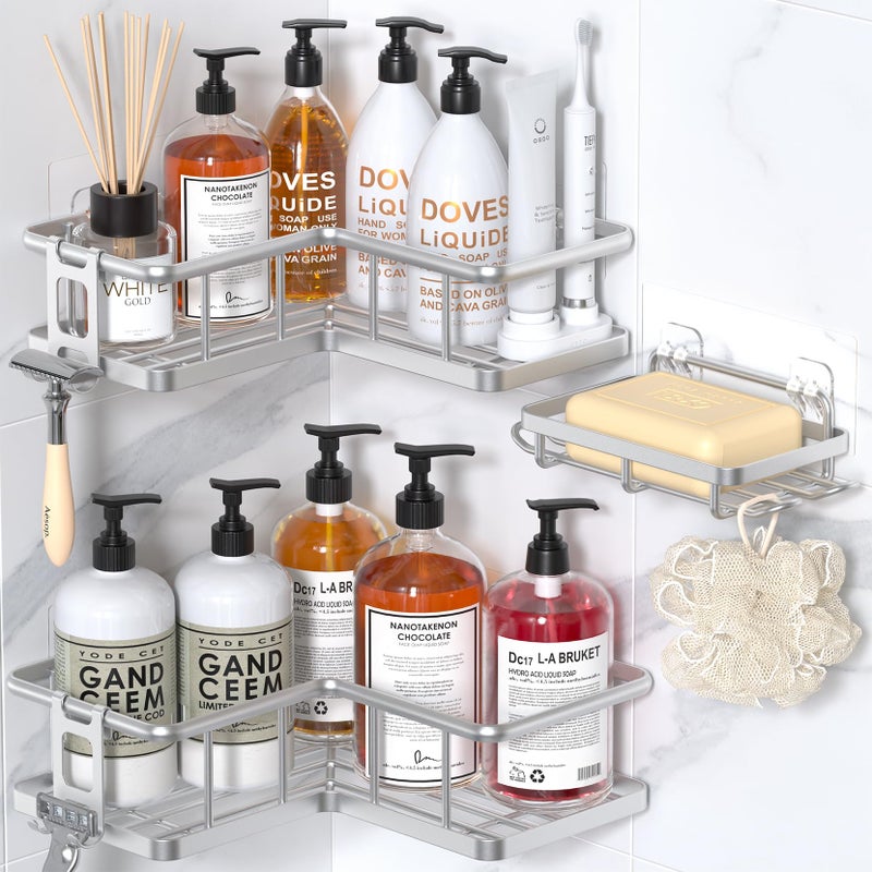 YASONIC Corner Shower Caddy Organizer SelfAdhesive Rustproof Bath Shelves with Soap Holder 4 Hooks Large Capacity Shower Storage Rack for Bathroom Organization 3Pack Silver - Image 2