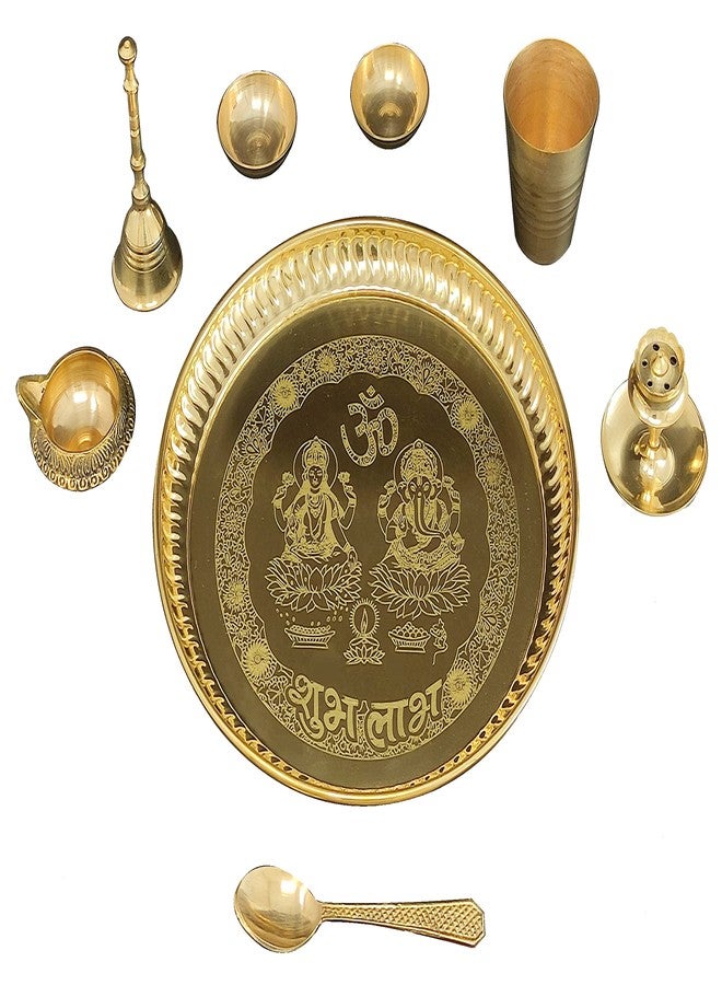 NOBILITY Brass Pooja thali Set 8 Inch with Pital Puja Plate Glass Spoon Ghanti Bowl Kuber Diya Agarbatti Stand Arti Thali for Diwali Home Mandir Office Wedding Return Gift Items - Image 3
