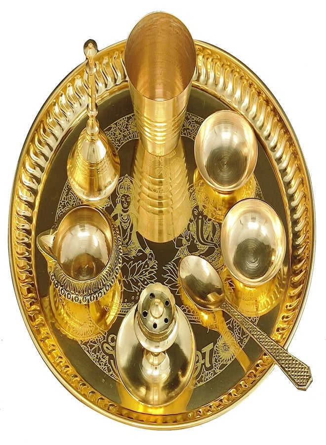 NOBILITY Brass Pooja thali Set 8 Inch with Pital Puja Plate Glass Spoon Ghanti Bowl Kuber Diya Agarbatti Stand Arti Thali for Diwali Home Mandir Office Wedding Return Gift Items - Image 1